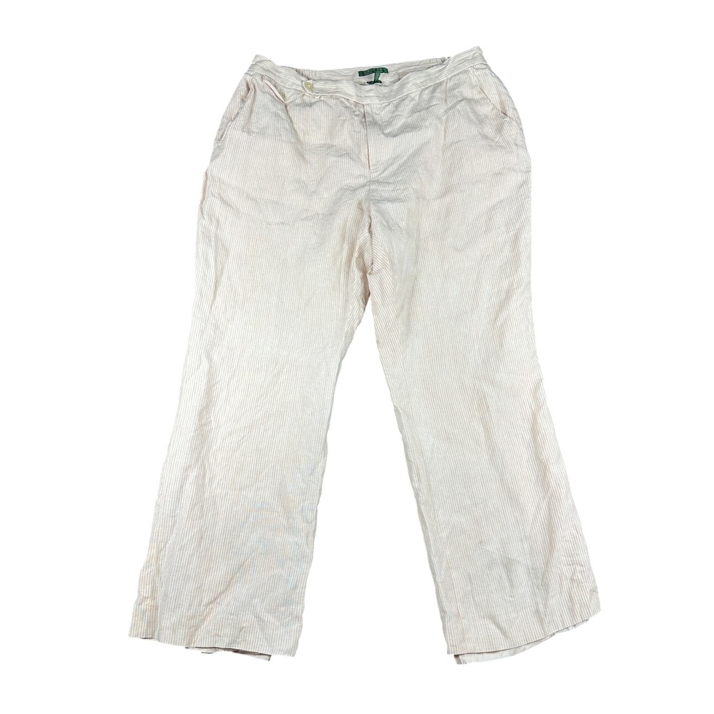 Lauren Ralph Lauren Linen Pinstripe Pant Womens 18W Pink White Summer Flowy Chic